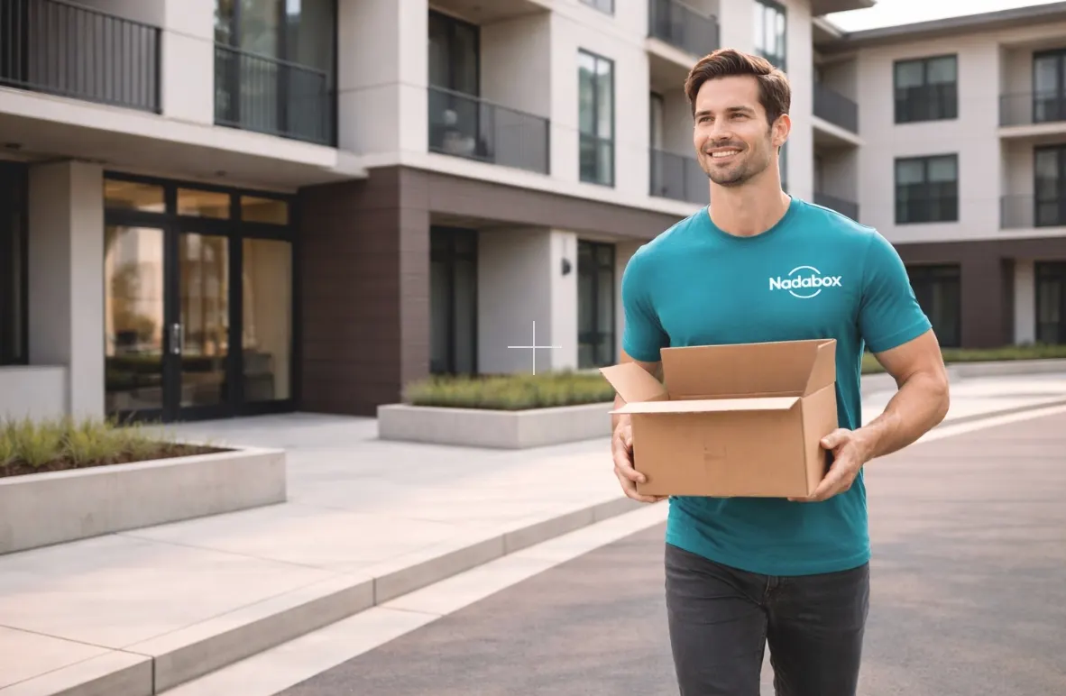 A Nadabox team member carrying a box in front of a modern apartment community