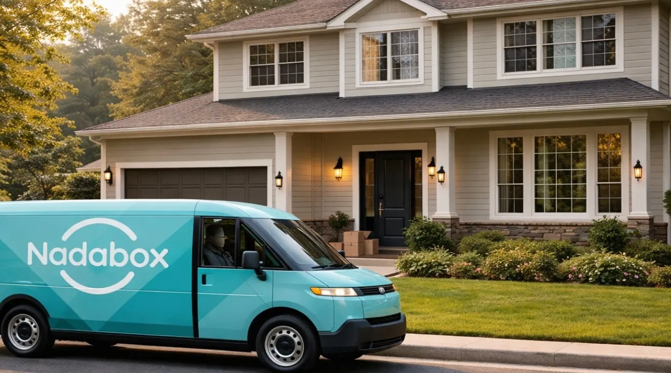 A teal Nadabox van picking up boxes at a Bloomington home