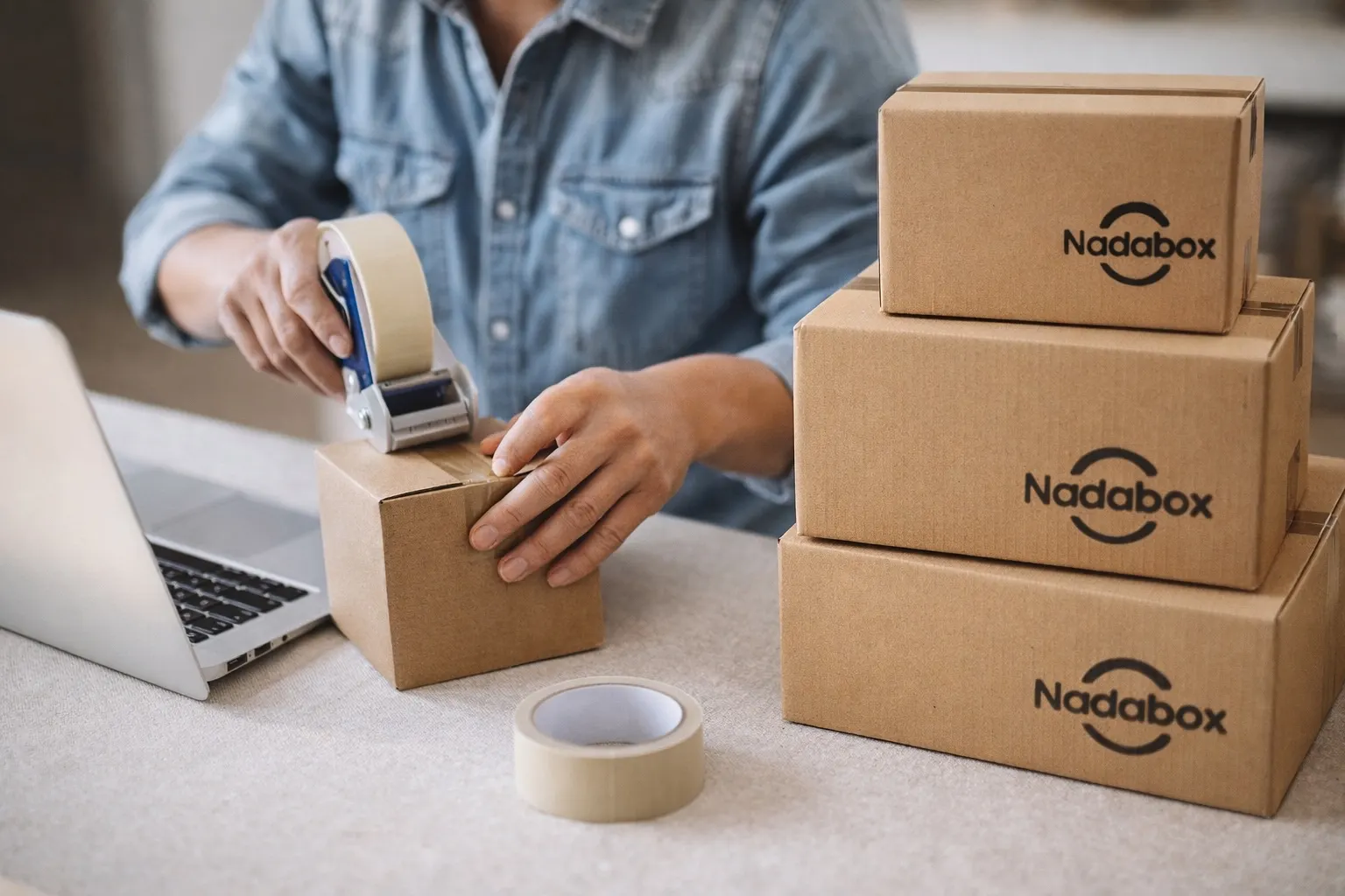 An online seller taping up a stack of reused Nadabox shipping boxes at their desk