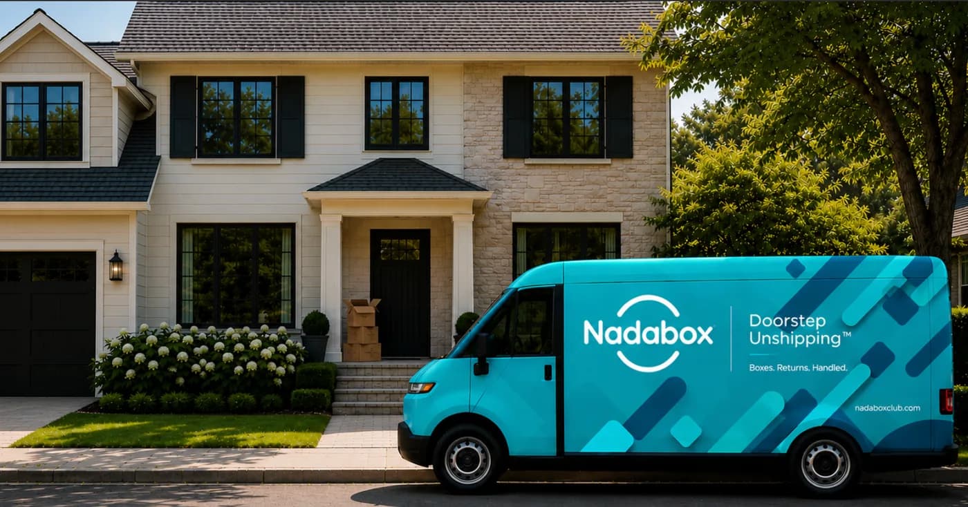 A branded Nadabox van picking up boxes and returns at a home